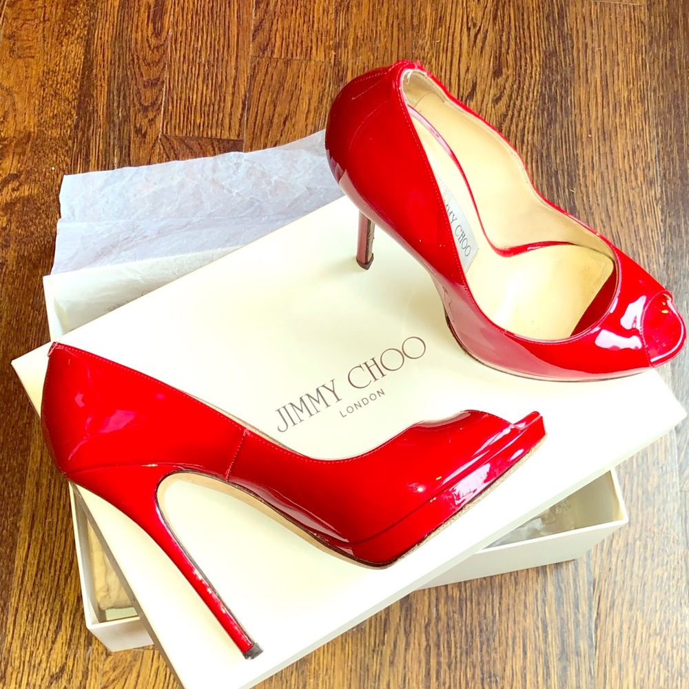 Jimmy Choo Red Peep patent leather pumps